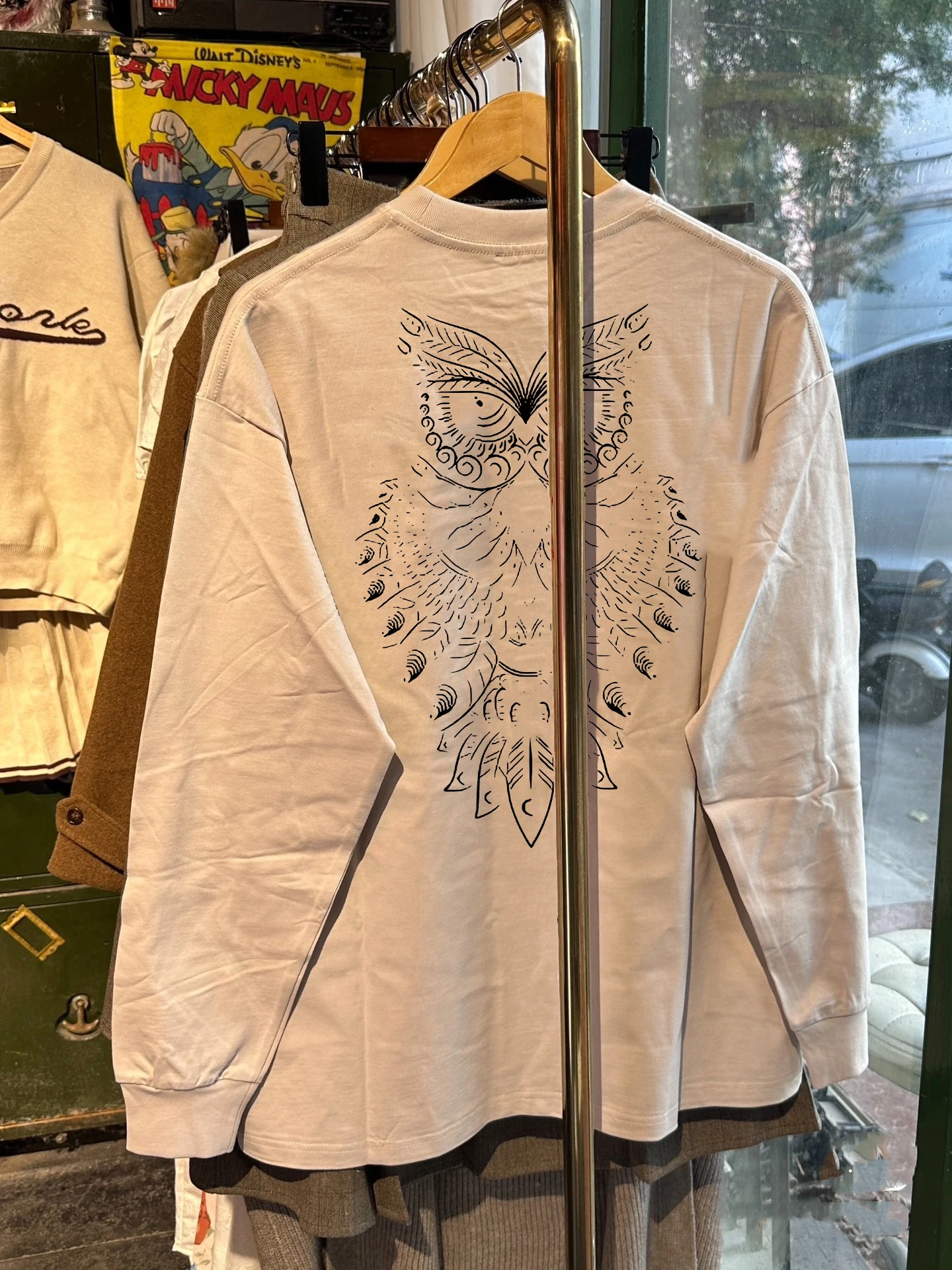 

Мужская футболка свободного кроя с круглым вырезом и длинным рукавом из чистого хлопка с принтом в американском стиле, повседневный топ с принтом совы