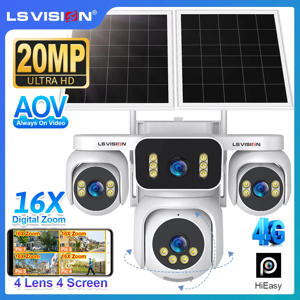 

LS VISION 4G Four Screen AOV Solar Camera 24/7 Recording Outdoor 20MP 16X Digital Zoom Auto Tracking Waterproof Security Cameras