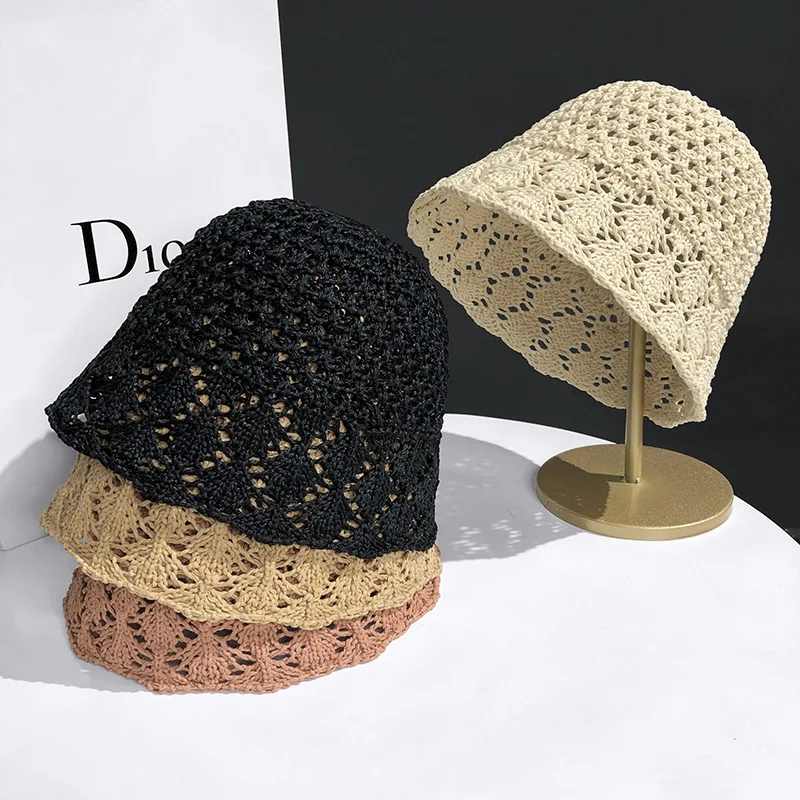 Korean v Niche Bucket Hat Female Summer Hollowed Out Woven Straw Hat Sun Proof Face Covering Fisherman Hat Korean Version Sun Vi