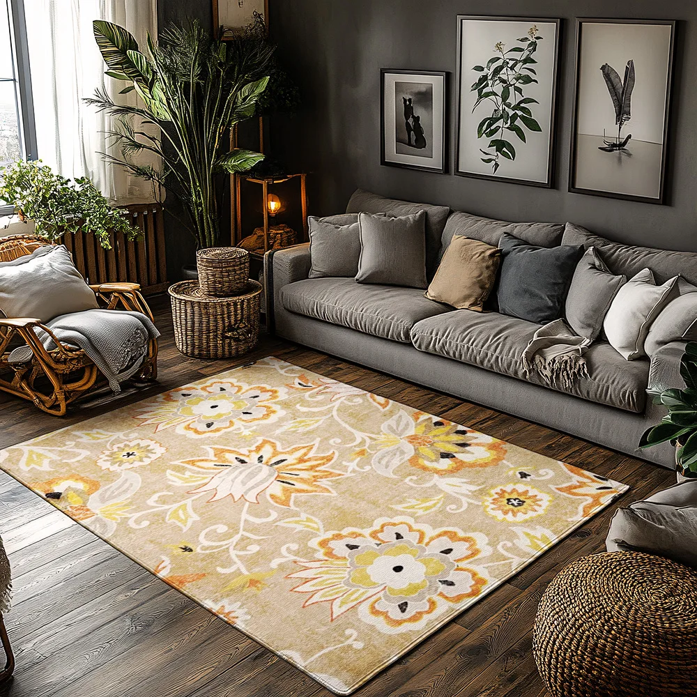 

Коврик с цветочным рисунком, нескользящий, мягкий, теплый, коричневый, оранжевый, желтый, белый, богемный, для гостиной, спальни, домашнего декора, напольный коврик