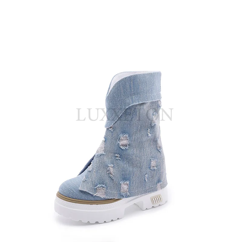 Slip-on Women Ankle Boots Height Increasing Thick Sole Retro Fashion High Top Women Shoes Spring Autumn Denim Women Boots