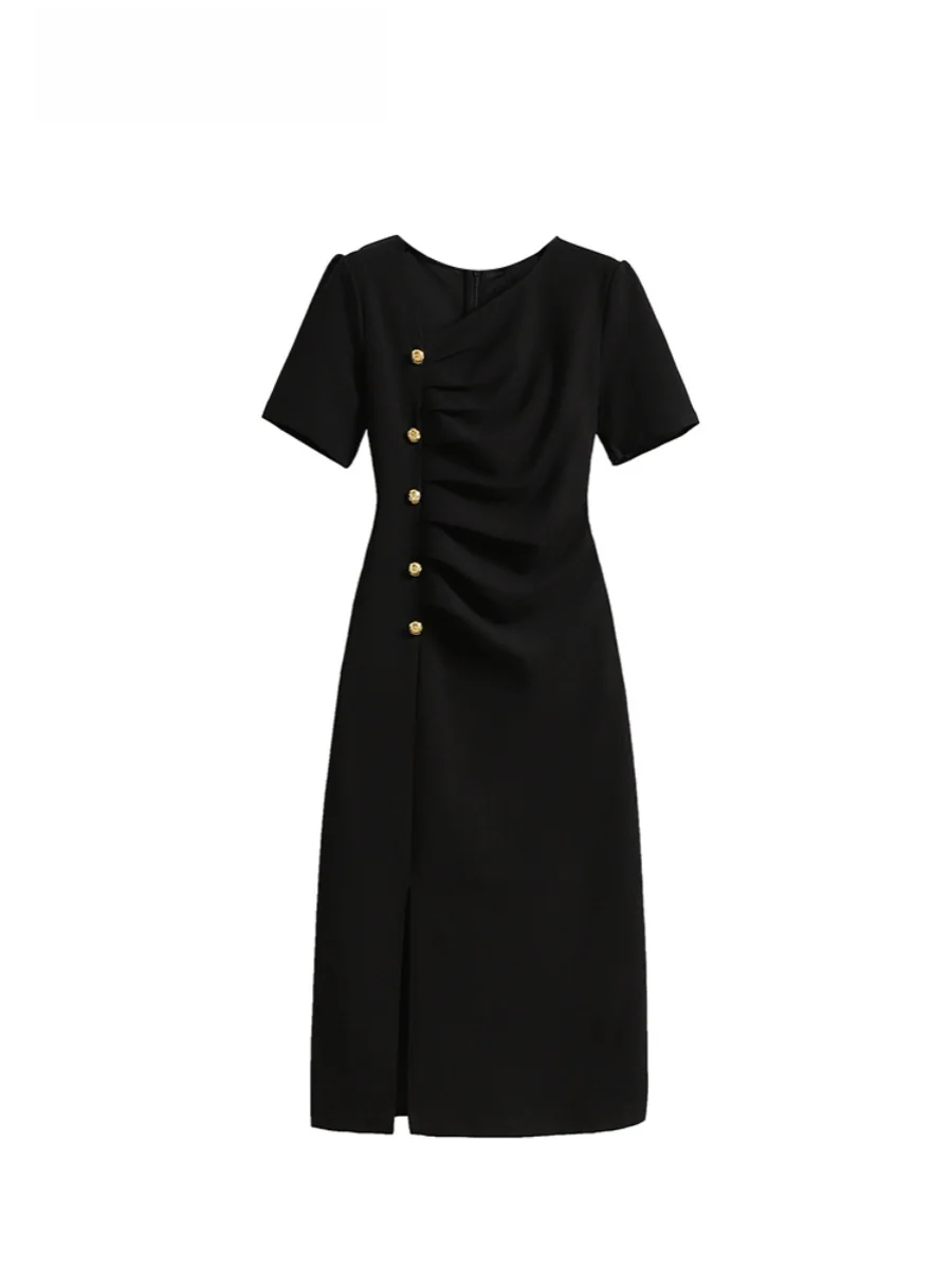

Summer Large Size Women's Dress Slimming Waist Design Korean Style Commute Fashion Bamboo Charcoal Fiber Fabric Midi Dress