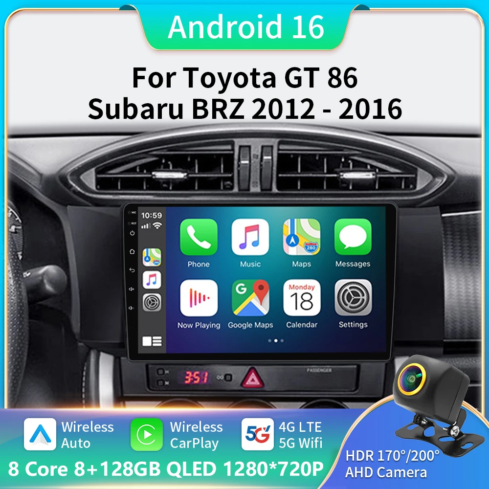 Android 16 For Subaru BRZ Scion FRS Toyota GT86 GT 86 2012 - 2021 LHD RHD Car Radio Mutimedia Carplay DSP 4G Wifi GPS DVD QLED