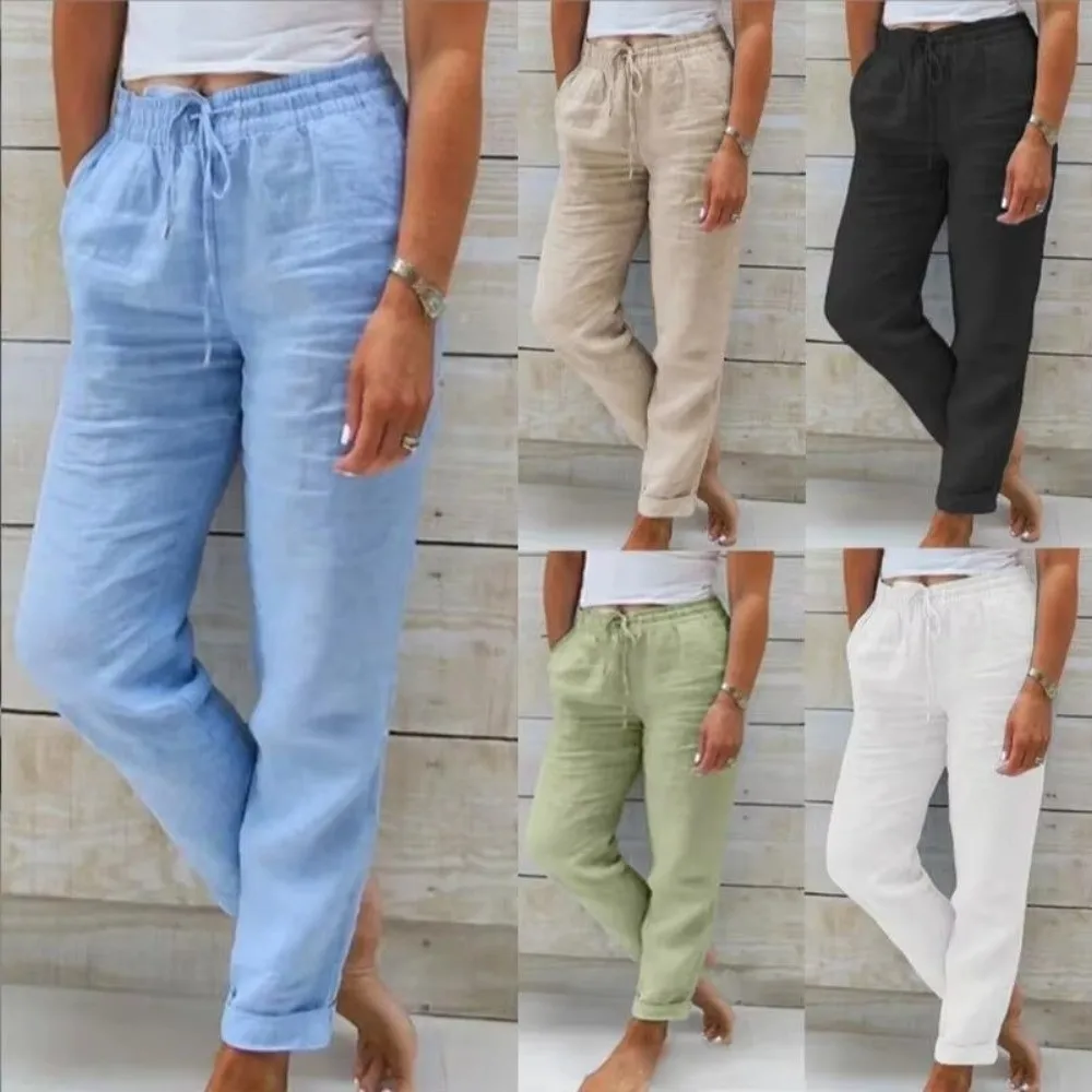 Fashion Breathable Women Casual Pants Elastic Waist Solid Color High Waisted Pants Loose Thin Wide Leg Pants