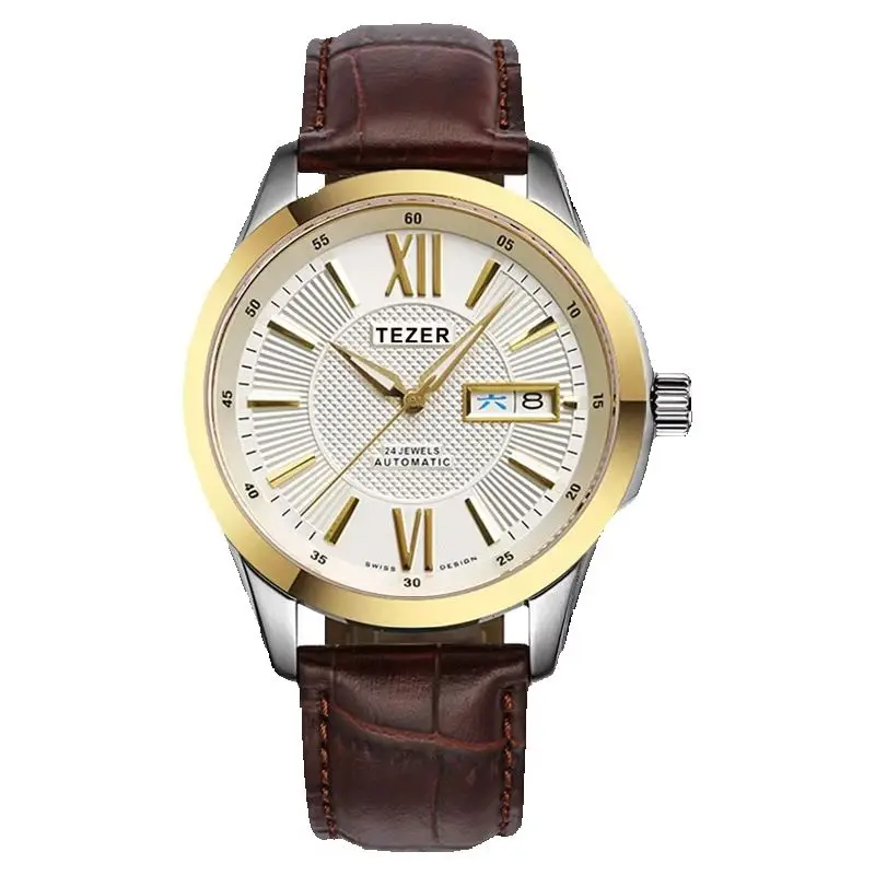 montre-automatique-pour-homme-tezer--bracelet-en-cuir-marron--cadran-a-chiffres-romains--montre-bracelet-d'affaires-avec-fenetre-jour-et-date