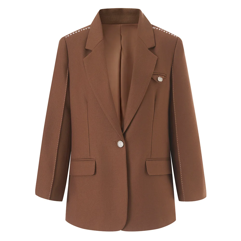 customized Shoulder slit suit women's new digital suit jacket fashionable casual suit coffee color medium long jacket