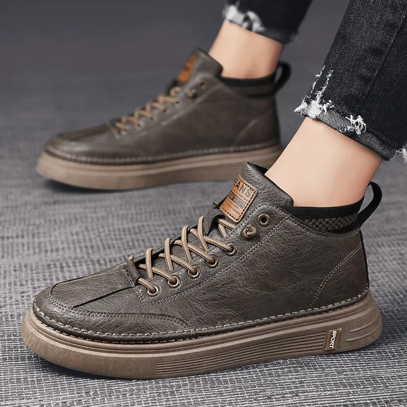 Trendy men's new shoes, high top black casual sports shoes, platform ankle boots
