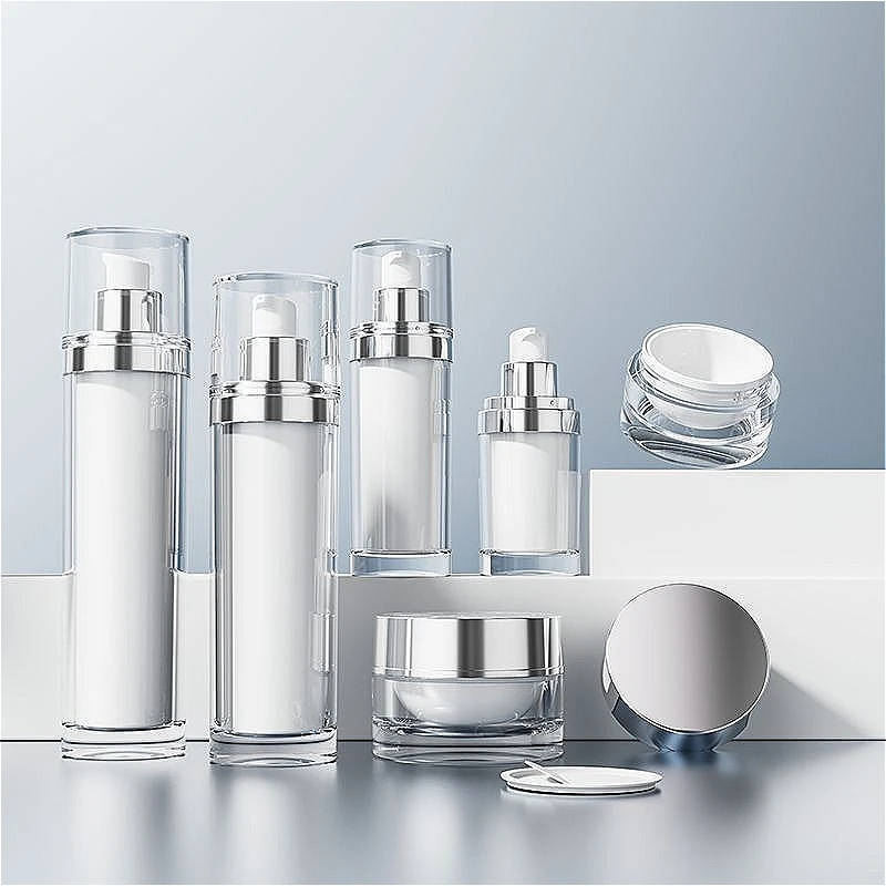 

White Acrylic Round Cosmetic Bottle 15-120ml & Double Layer Cream Jar 30/50g, Refillable Pump Lotion & Face Cream Containers