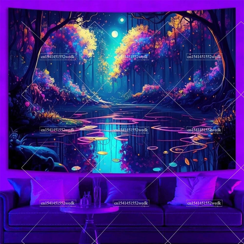 Trees Blacklight Tapestry UV Reactive Neon Mountains Landscape Black Light Tapestry Glow In The Dark Wall Decor Party Backdrops