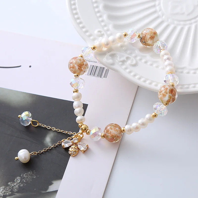 100% Natural Freshwater Pearl Trendy Honeybee 14K Gold Filled Ladies Charm Bracelet Promotion Jewelry For Women New Year Gifts