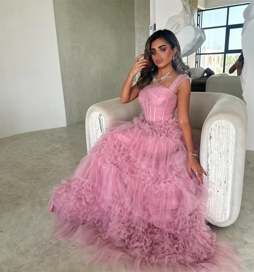 Customized Saudi Arabia Prom Gown Formal Evening Dearin Shoulder Girdle A-line Floor Length Skirts Tulle Bespoke O