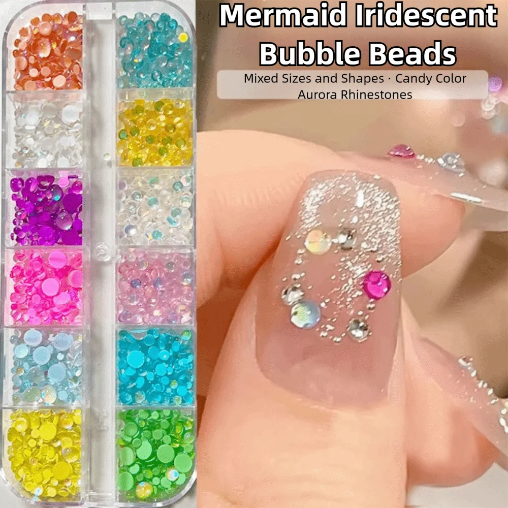 1 Box Rainbow Mermaid Tears Nail Art Charms DIY Half Spherical Glass Macaron Bubble Beads Summer Aurora Aurora Nail Decorations