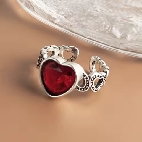 925 Sterling Silver Rings For Women Geometric Fine Jewelry Finger Adjustable Red Heart Stone Ring For Party Birthday Gift