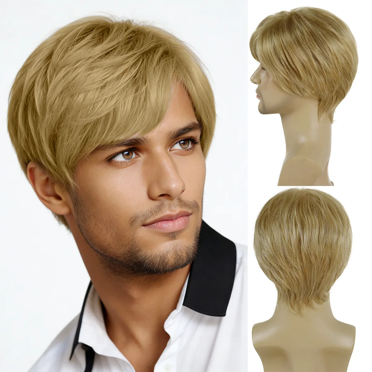 

Синтетический парик для мужчин: короткий, светлый, натуральный, пушистый, многослойный, для вечеринок, косплея, на каждый день, на Хэллоуин