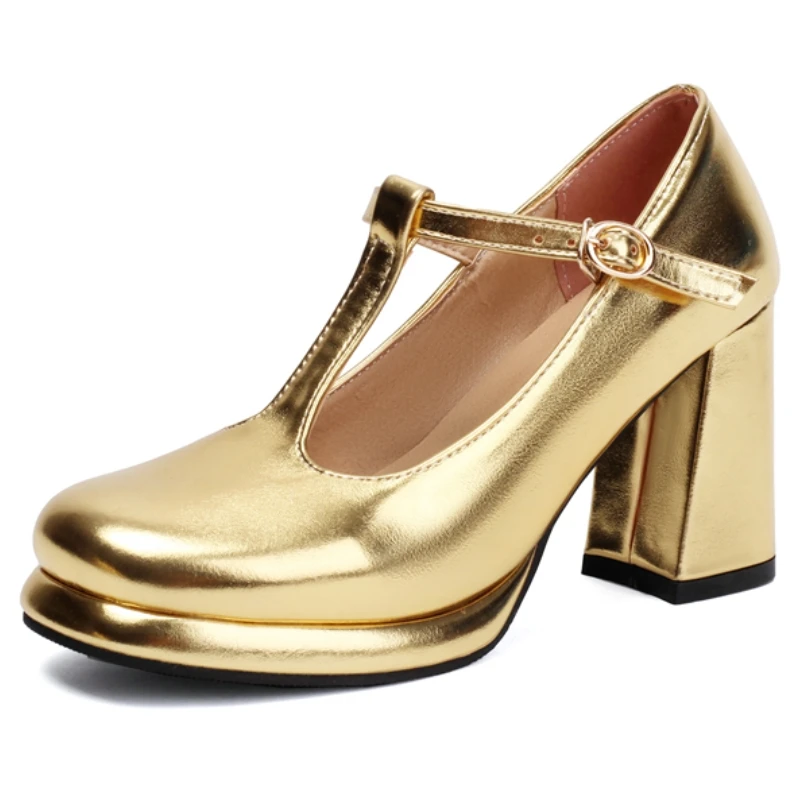 T-strap Platform Block High Heels Women's Pumps Shoes Luxury Round toe Gold Silver Heeled Wedding Party Office Dance Shoes