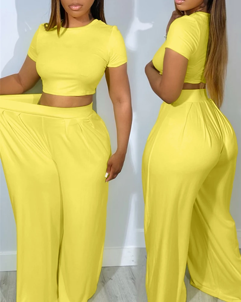 Solid color tight short sleeved top+wide leg pants set for women's 2025 spring/summer new fashionable casual suit