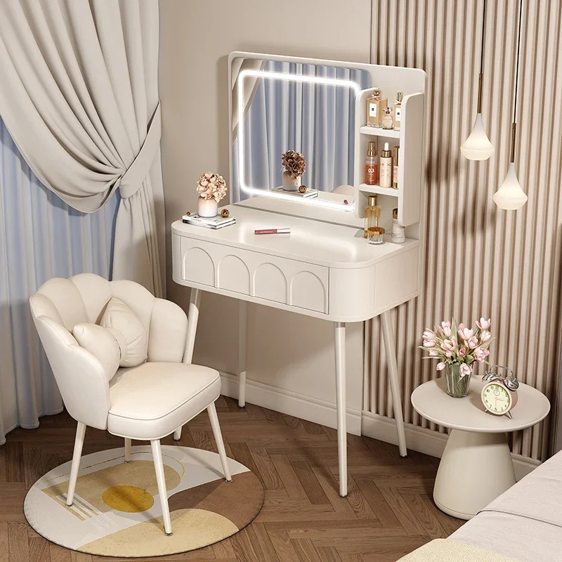

Modern Vanity Desk Dresser with Lighted Mirror Desktop Comfortable Makeup Vanity Drawers Dressing Table Bedroom Furniture