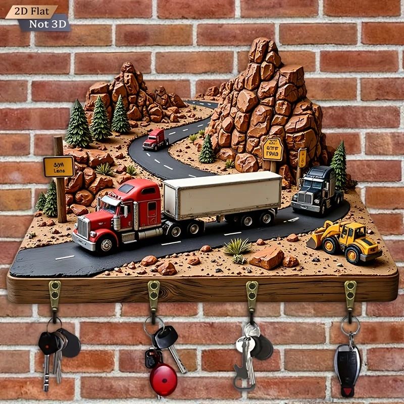 2D Flat.1pc. Highway Transportation Themed Key Hook - Multifunctional Decorative Key Rack, equipped with four metal hooks, wall