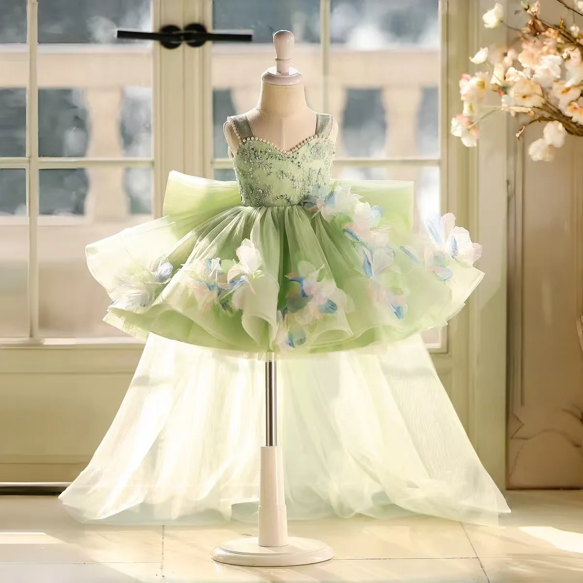 

Jill Wish J873 Sage Green Flower Girl Dress Lovely Handmade Flowers Pearls with Train Princess Kids Wedding Birthday Party Gown