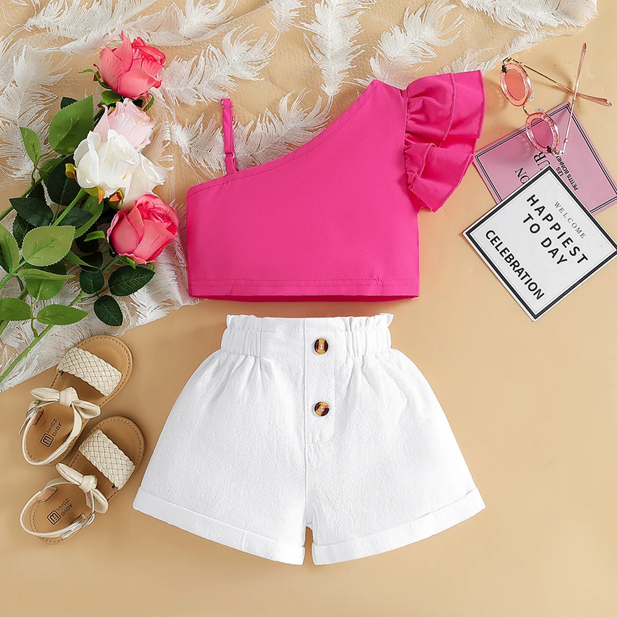 2023 fashion girls' children's summer new girls' suit Western girls oblique shoulder halter top shorts suit