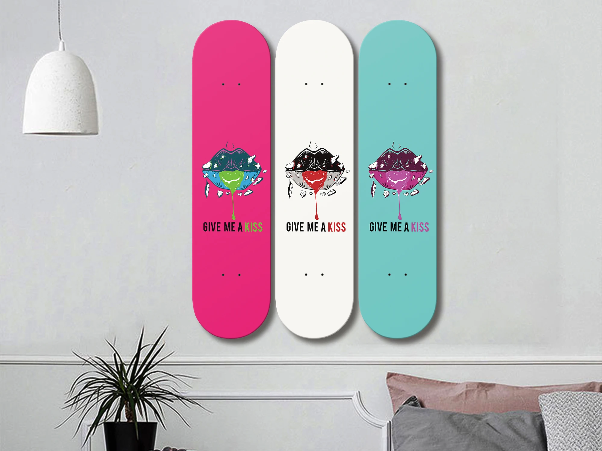 3pcs Give Me A Kiss Skateboard Wall Mural Pop Art Pro-Grade Skate Deck Wall Plates for Bar Club Game Room Wall Decoration