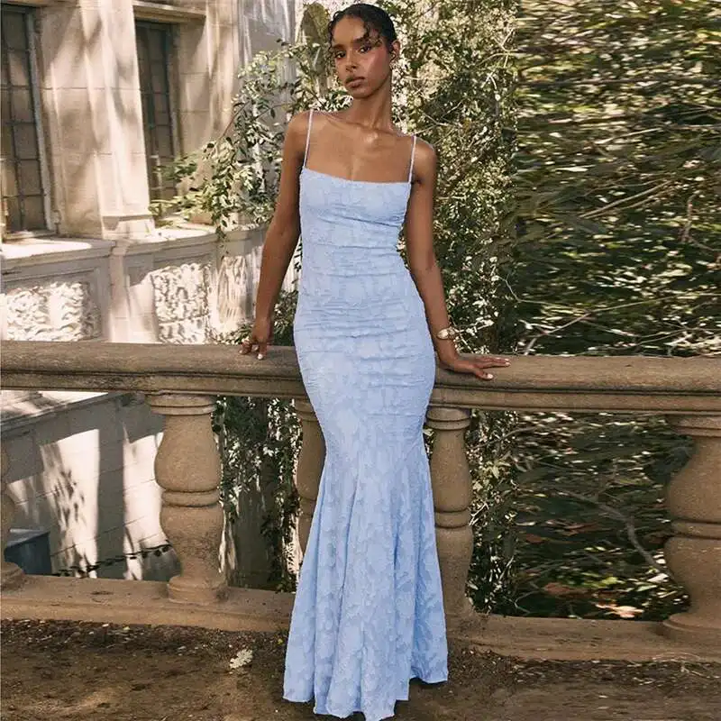 セクシーマーメイドイブニングクラブパーティードレス レディース 2025 夏 スパゲッティストラップ マキシロングドレス エレガント バックレス レースアップ バンデージ ローブ