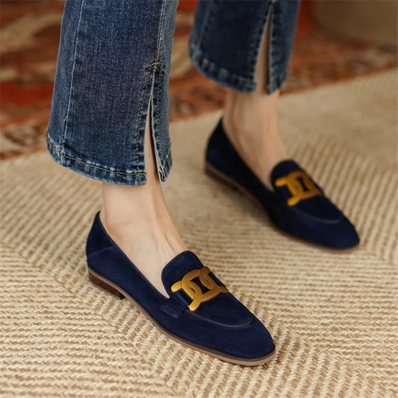 New Sheep Suede Women Loafers Spring/summer Low Heel Woman Shoes Round Toe Chunky Heel Women Pumps Metal Buckle Shoes for Women