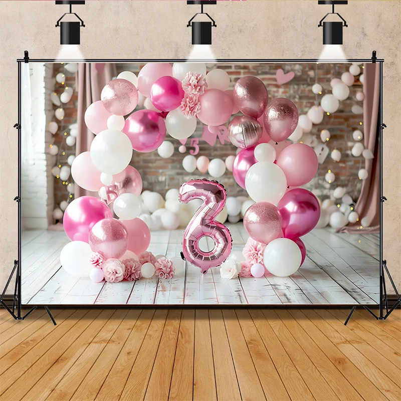 

Happy Birthday Photography Background Number Pink Bear doll Hydrogen balloon Floral Baby Party Backdrops SR-82