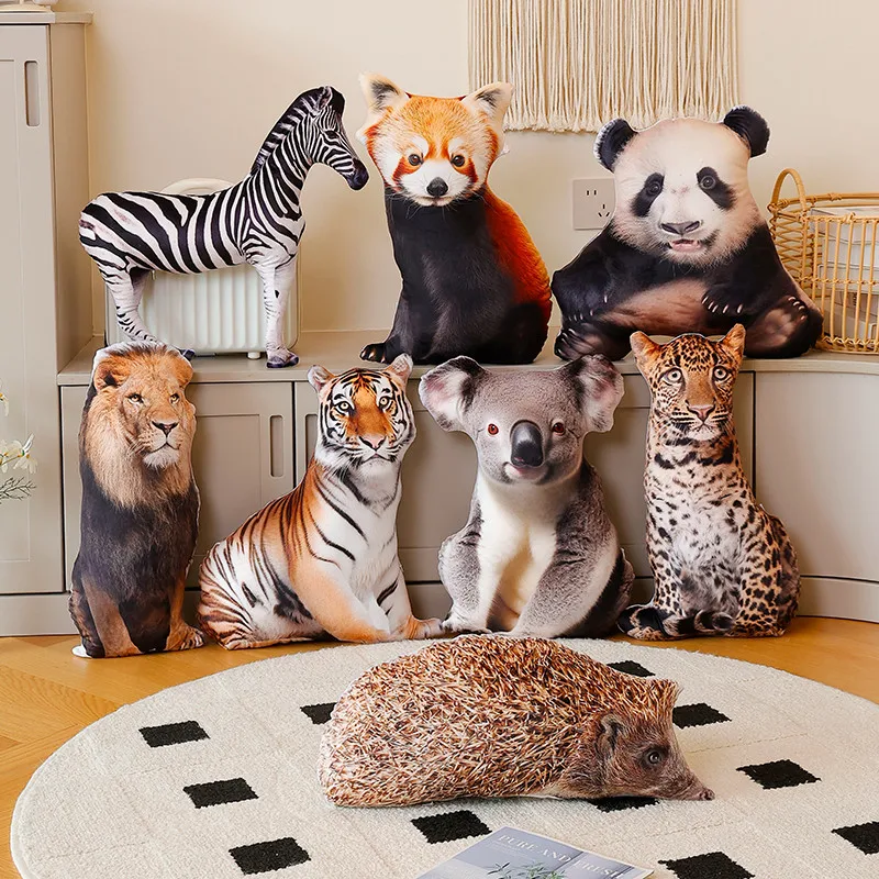 

﻿ 3D Simulated Forest Animal Throw Pillow Stuffed Lifelike Lion Fox Raccoon Zebra Tiger Sofa Bedroom Cushion Home Decor Kid Bi