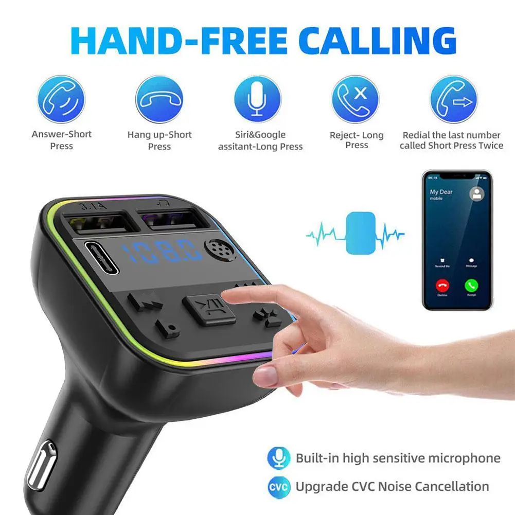 Car Bluetooth 5.0 FM Transmitter PD Type-C Dual USB Light 12V-24V Charger Handsfree Modulator Ambient 3.1A Colorful Player V3J4