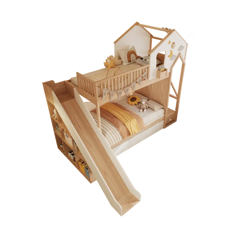 Massief houten kinderbed, boomhutbed, verhoogd bed met glijbaan, stapelbed voor moeder en kind, stapelbed met hoge reling
