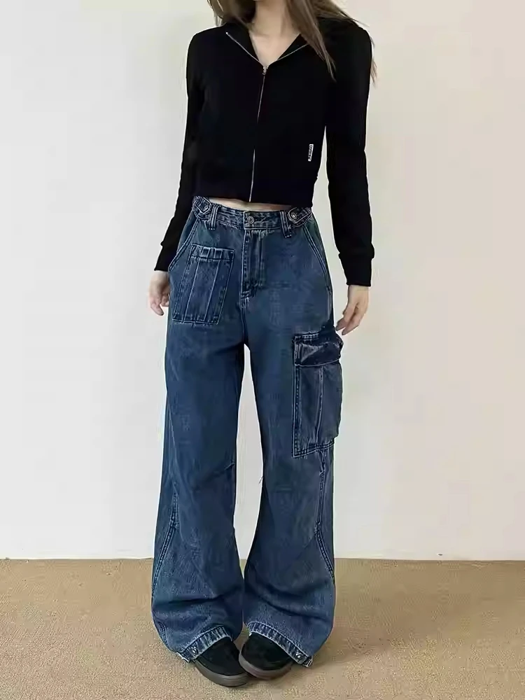 

Blue Womens Jeans High Waist Vintage Straight Baggy Denim Pants Streetwear American Design Sense Ripped Wide Leg Denim Trouser