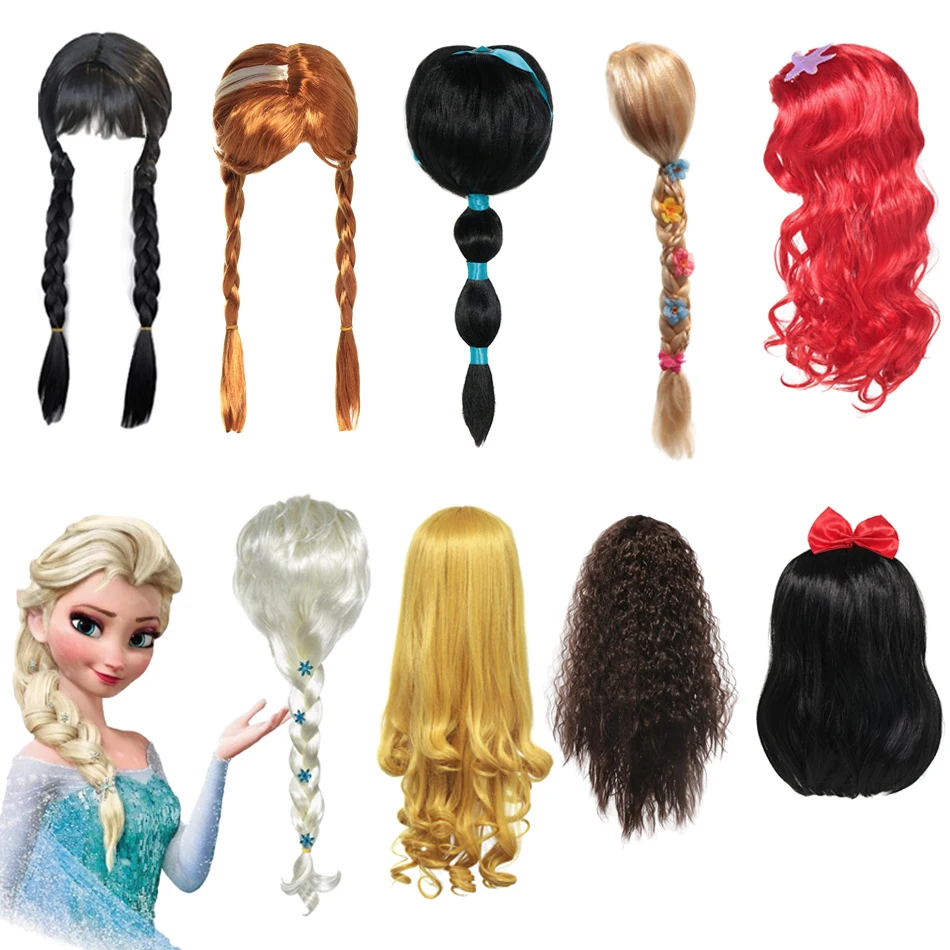 Disney Girls Frozen Elsa Anna Princess Anime Cosplay Wig Jasmine Rapunzel Moana Snow White Hair Wig for Halloween Birthday Party