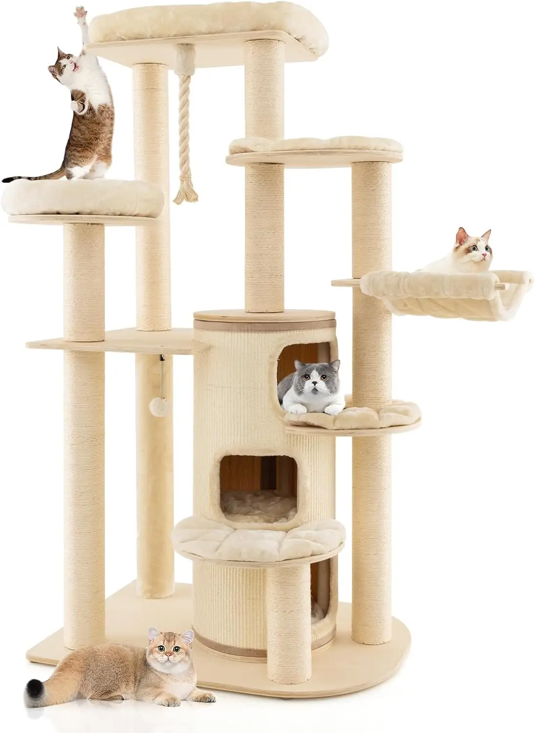 Tall Cat Tree 67 Inch Multi-Level Modern Large Cat Tower with Top Perch 3-Story Cat Condo Hammock Sisal Scratching Posts Spring