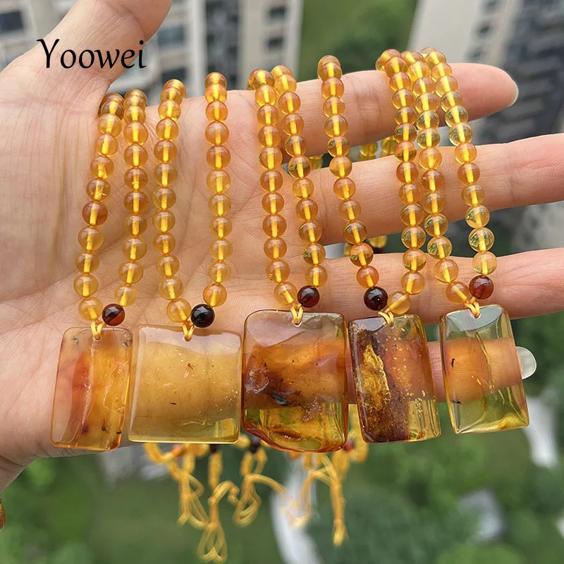 5mm Amber Square Pendant Necklace Women Diy Gift Unique Insect Inclusion New Natural Round Bead 56cm Chain Baltic Amber Jewelry