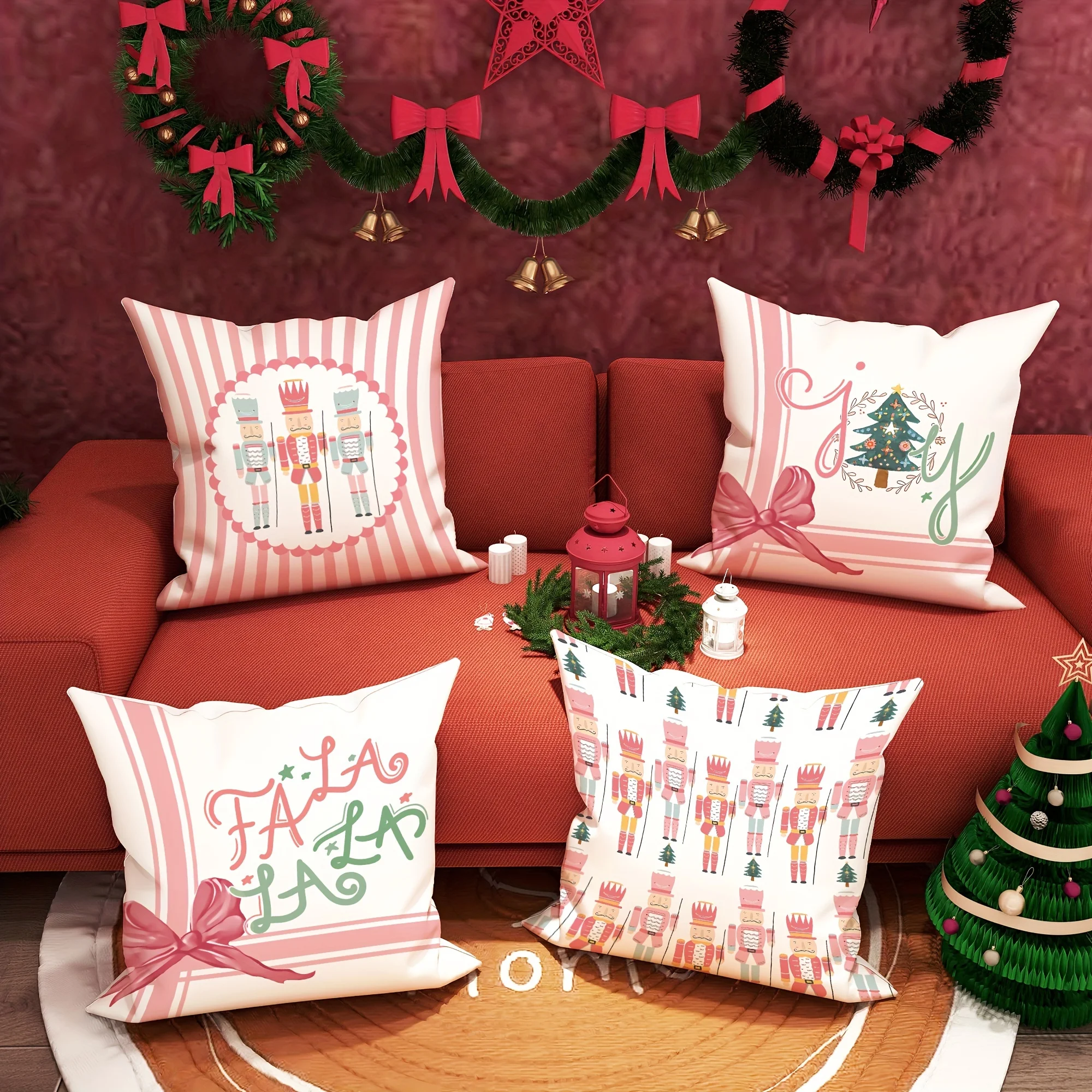 Christmas Winter Nutcracker Joy Bow Striped Throw Pillow Covers Festive Holiday Pink Green White Decorative Pillowcases 18in