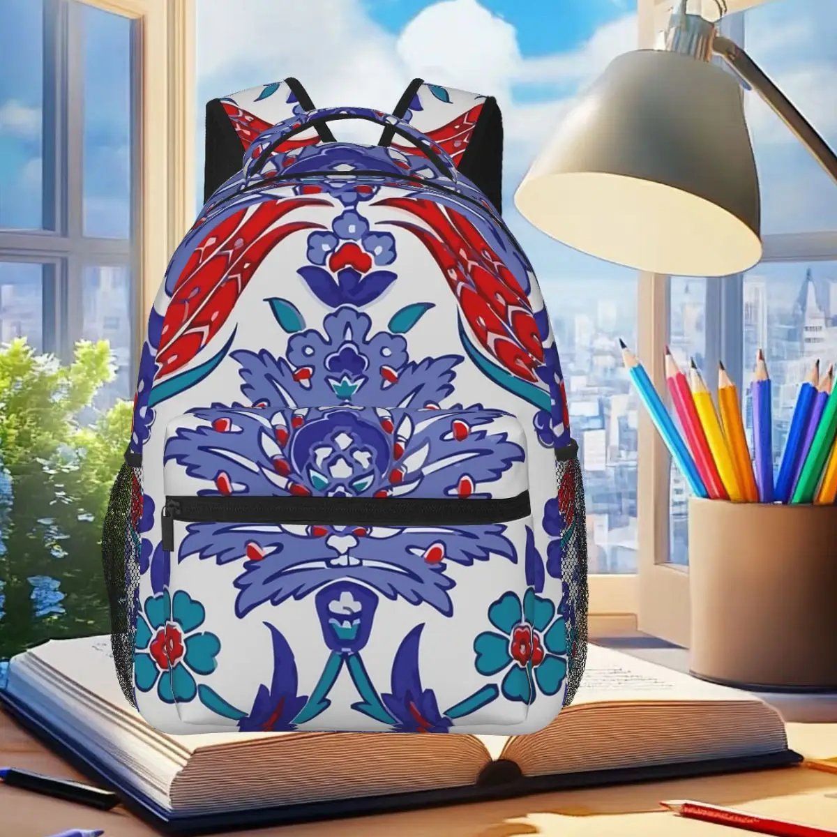 

Oriental Tile Floral Pattern Backpack Student Boys Girls BookBag Kids School Bag Laptop Shoulder Bags for Men Women