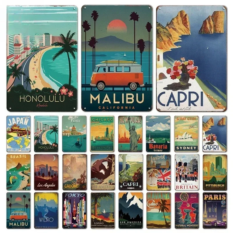 Vintage Travel Cities Metal Tin Signs PARIS IMALIBU CHICAGO Iron Painting Retro Posters Home Wall Art Decor Room Decoration