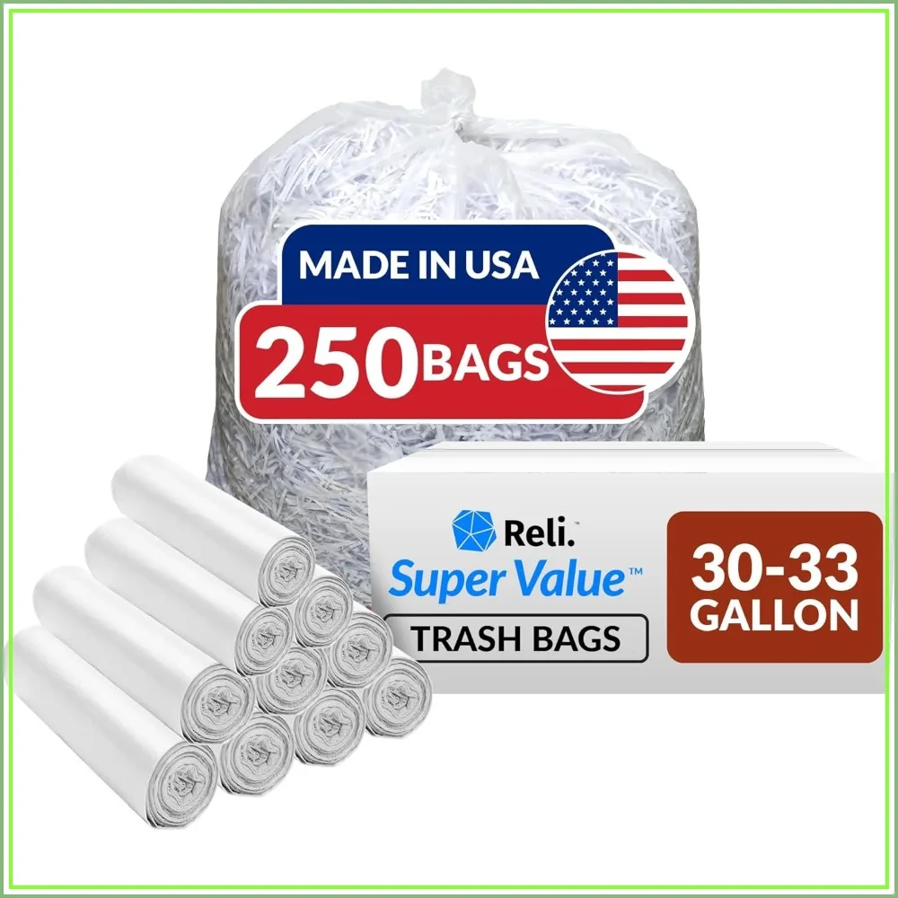 

Reli 30-33 Gallon Trash Bags Heavy Duty 250 Count Bulk Clear Large Trash Bags 30+ 32 Gallon Made in USA