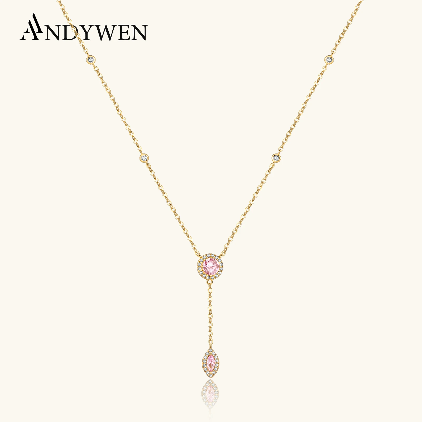 

ANDYWEN стерлингового серебра 925 пробы Y-образной формы, розовое круглое ожерелье с грушей и цирконием, колье, милые роскошные ювелирные изделия, подарок для женщин, свидание, ночь