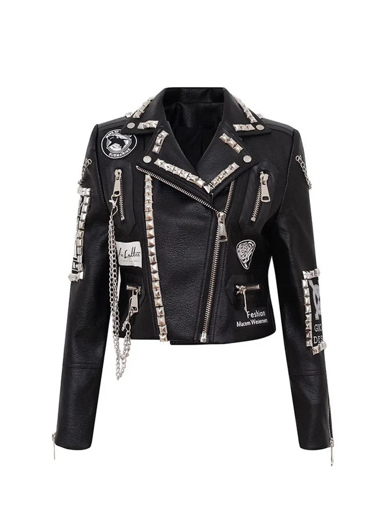 Streetwear Black Slim-fit Cropped Leather Jacket for Women 2024 New Personality Rock Punk Studded Chain Motorcycle Jacket