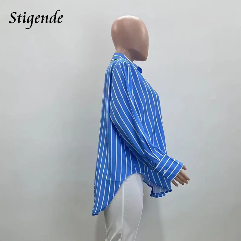 Stigende Blue Striped Button Shirts Women Long Sleeve Loose High and Low Office Shirt