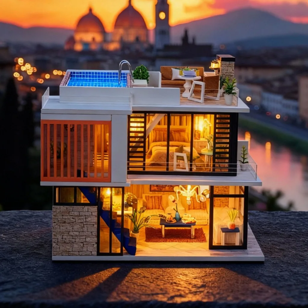 مجموعة بيت الدمى الكاملة من OUZEY Fiorentina مع أثاث، مجموعة منزل خشبي مصغر يمكنك صنعها بنفسك، هدية عيد الميلاد والعام الجديد #2