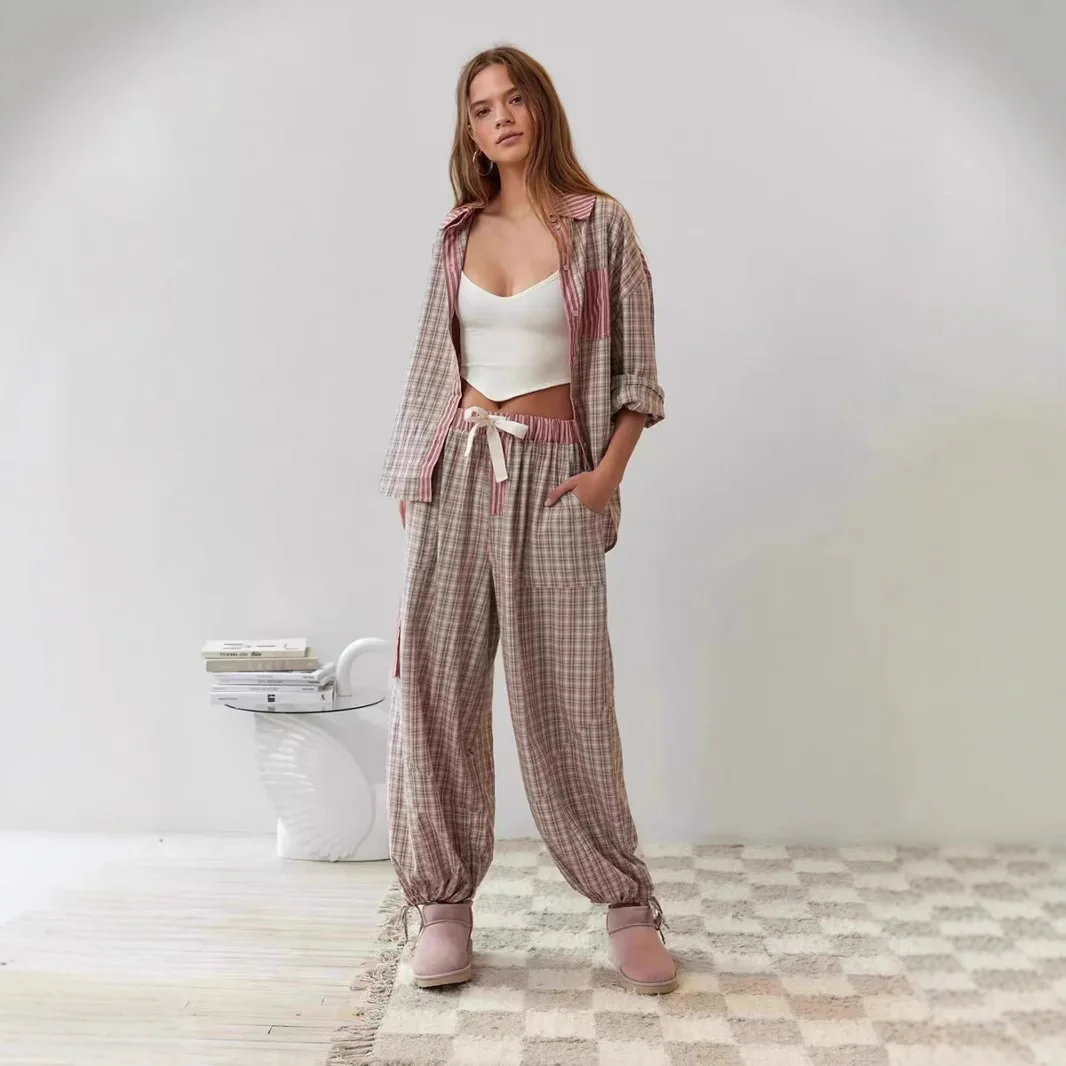 

Stripe Plaid Patchwork Blouse Women And Loose Pant Sets Casual Pajamas 2pcs Long Sleeve Lapel Shirts Home Sleepwear Women Outfit