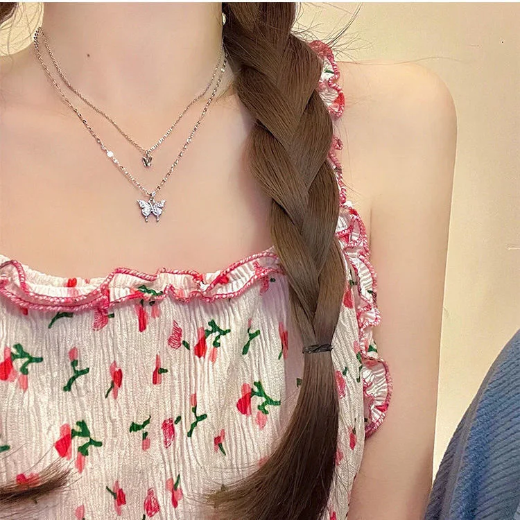 

New flash diamond double-layer butterfly pendant collarbone chain female