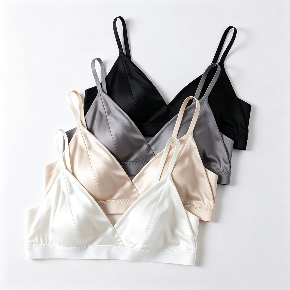 Women's New Underwear 93% Natural Mulberry Silk Elastic Satin V-neck Triangular Cup Thin Shoulder Strap Without Steel Ring Bra