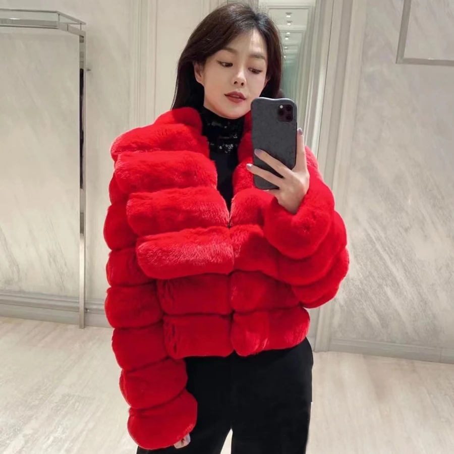 Real Rex Rabbit Fur Coat Winter Jackets For Women Chinchilla Colour Short Natural Rabbit Fur Jacket