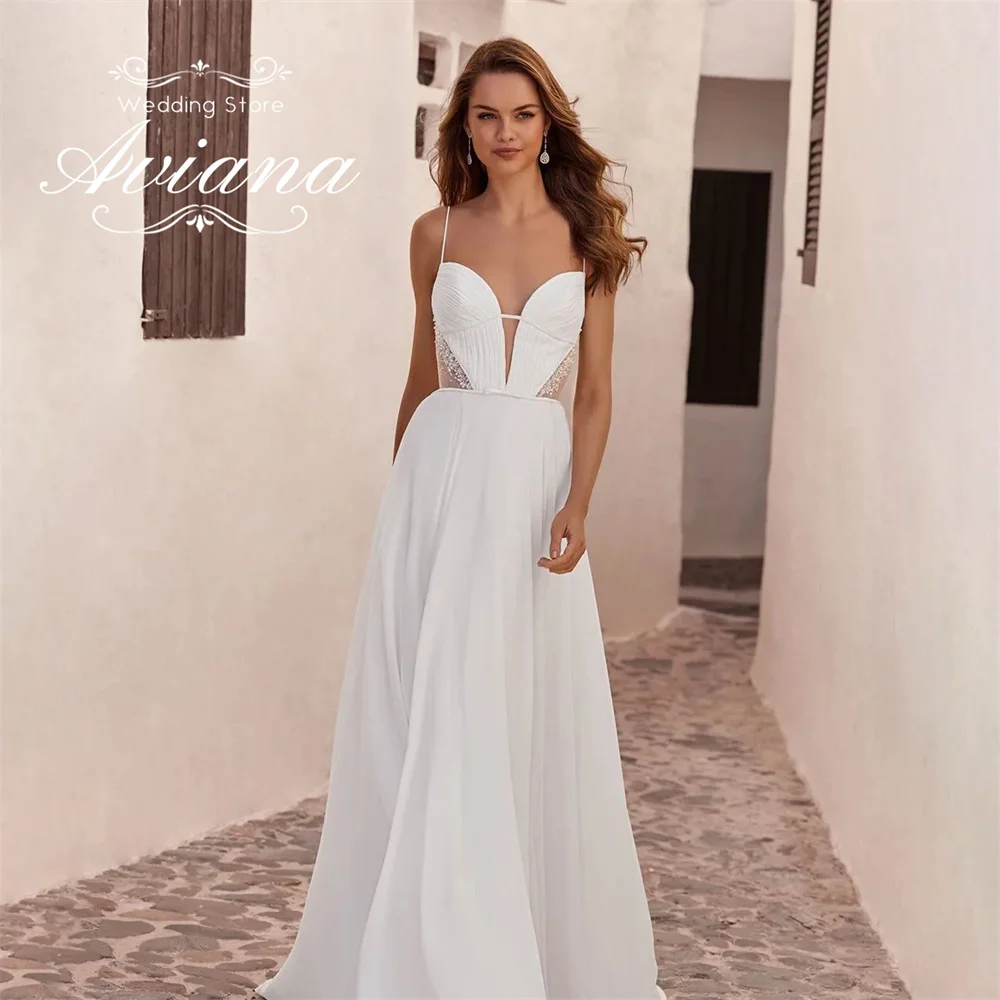 Aviana Customized Bridal Gown Deep V-Line Pearls Bead Spaghetti Strap Wedding Dress A-Line New Design Elegant Classic Simple