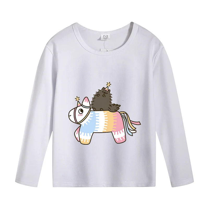 Pusheen Long Sleeve T-shirt Cartoon Cat Cute Base Tee Kids White Black T-shirts Boys Girls Clothes Tshirt Autumn Spring Clothing