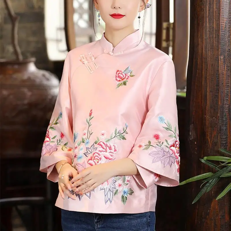 2023 Blouse Eleganti Loose Female Shirt Autumn Ethnic Style Tang Suit Coat Vintage Harajuku Embroidery Chinese Tops Women